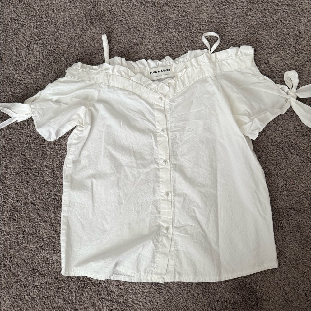 Pixie Market White Ruffle Off-Shoulder Button Blouse